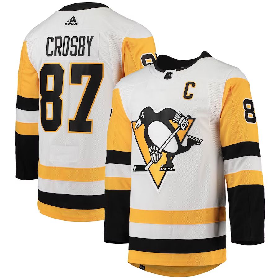 Men Pittsburgh Penguins #87 Sidney Crosby adidas White Away Captain Patch Primegreen Authentic Pro Player NHL Jersey